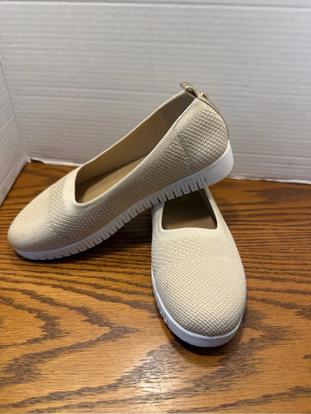 Taryn Rose Knit Slip-On Flats tan with gold accents lightweight comfortable - Picture 5 of 9